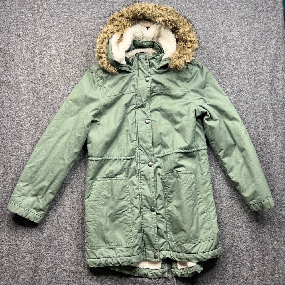 Gap Parka Womens Medium Olive‎ Green Sherpa Faux Fur Hooded Jacket 704423-01